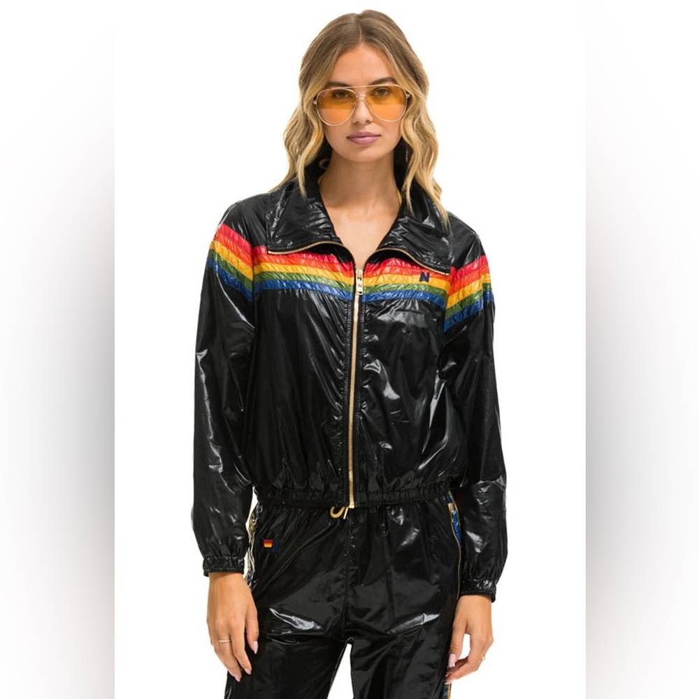 AVIATOR NATION 5 STRIPE WINDBREAKER - BLACK GLOSSY BRAND NEW WITH TAGS Sz SMALL
